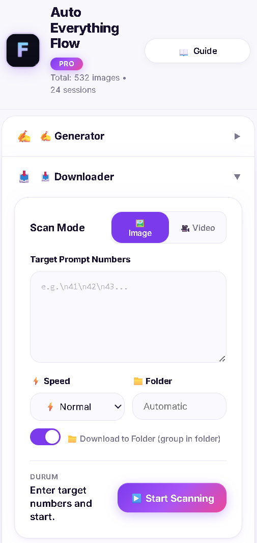 Auto Everything Flow downloader with scan mode, speed settings and folder options