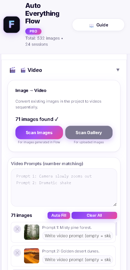 Auto Everything Flow video converter scanning 71 images with video prompts